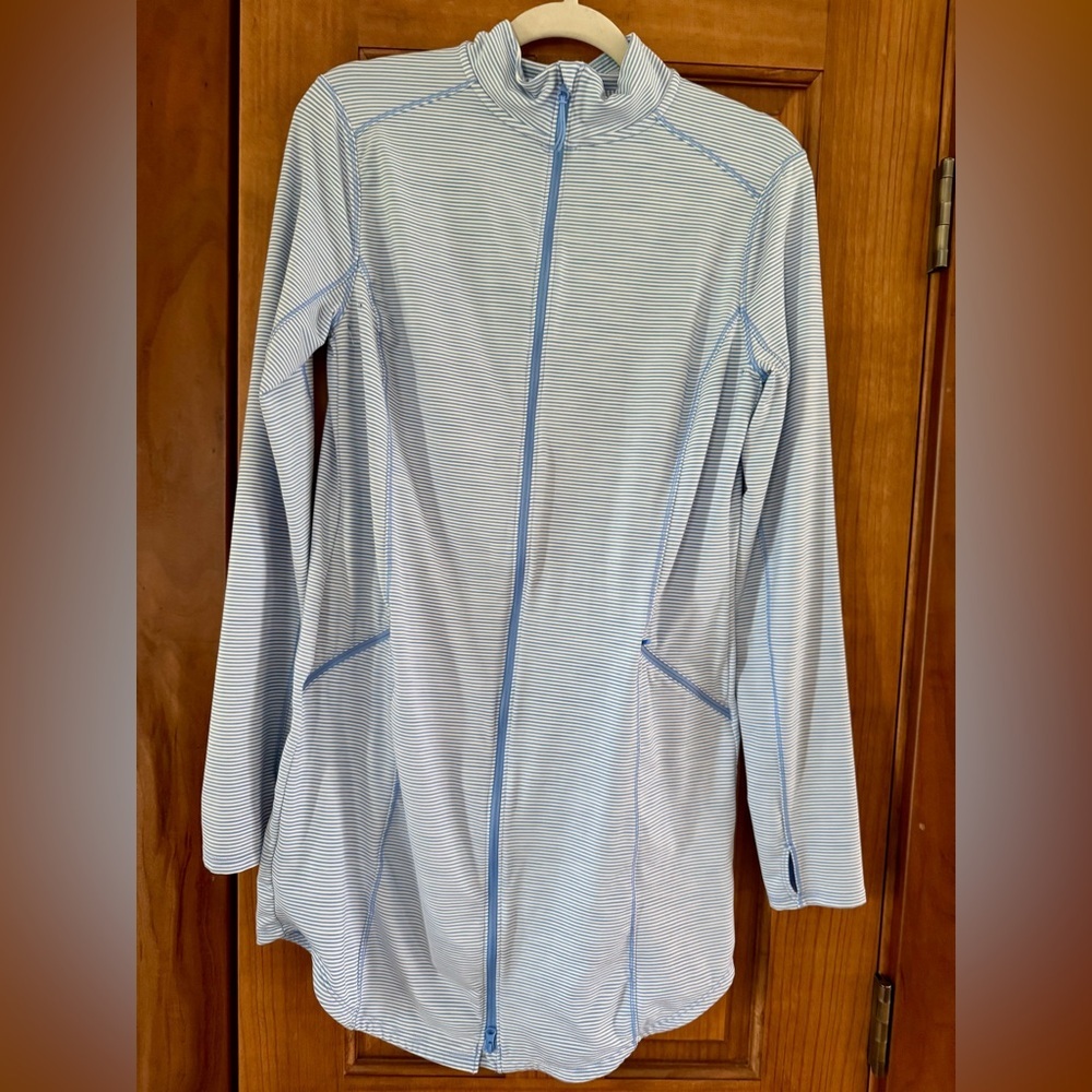 Duluth Trading Full Zip Tunic Sport Dress Women’s Medium Blue White Stripe